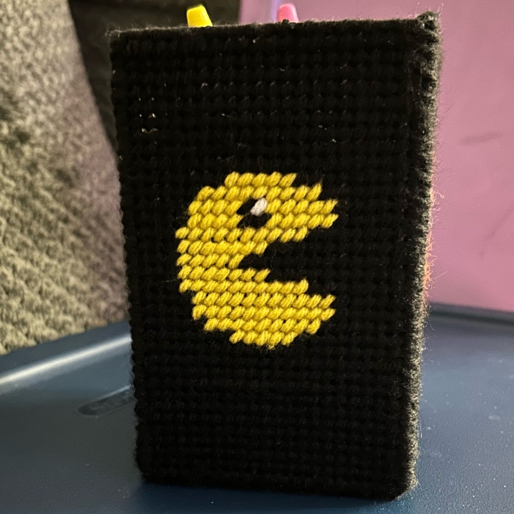Handcrafted Black and Yellow Pac-Man Cross-Stitch pen Holder